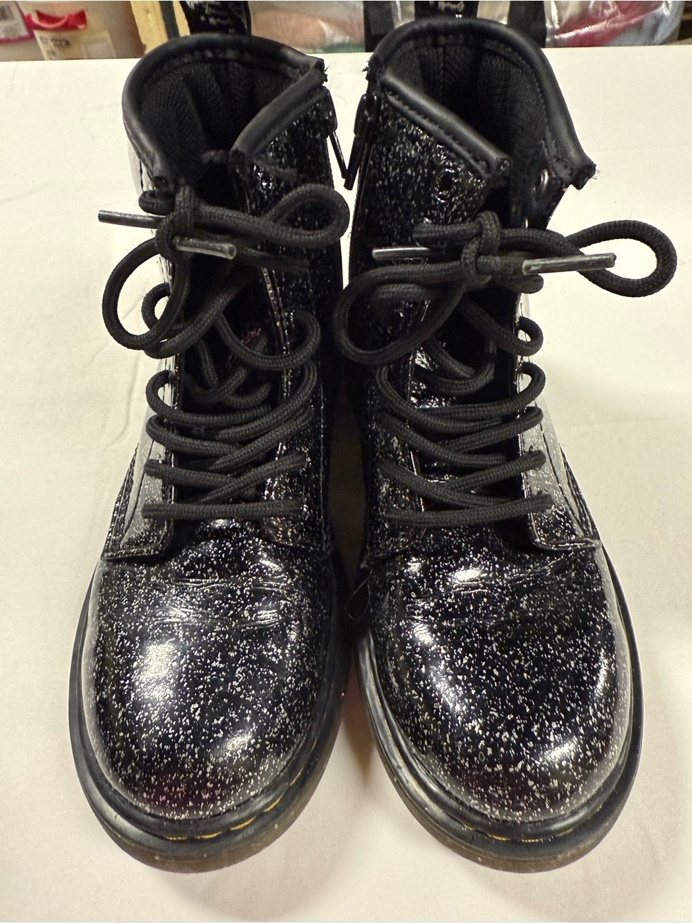 Dr. Martens 1460 Kids Black Glitter Patent Lace Up Boots Size US 2 EU 33